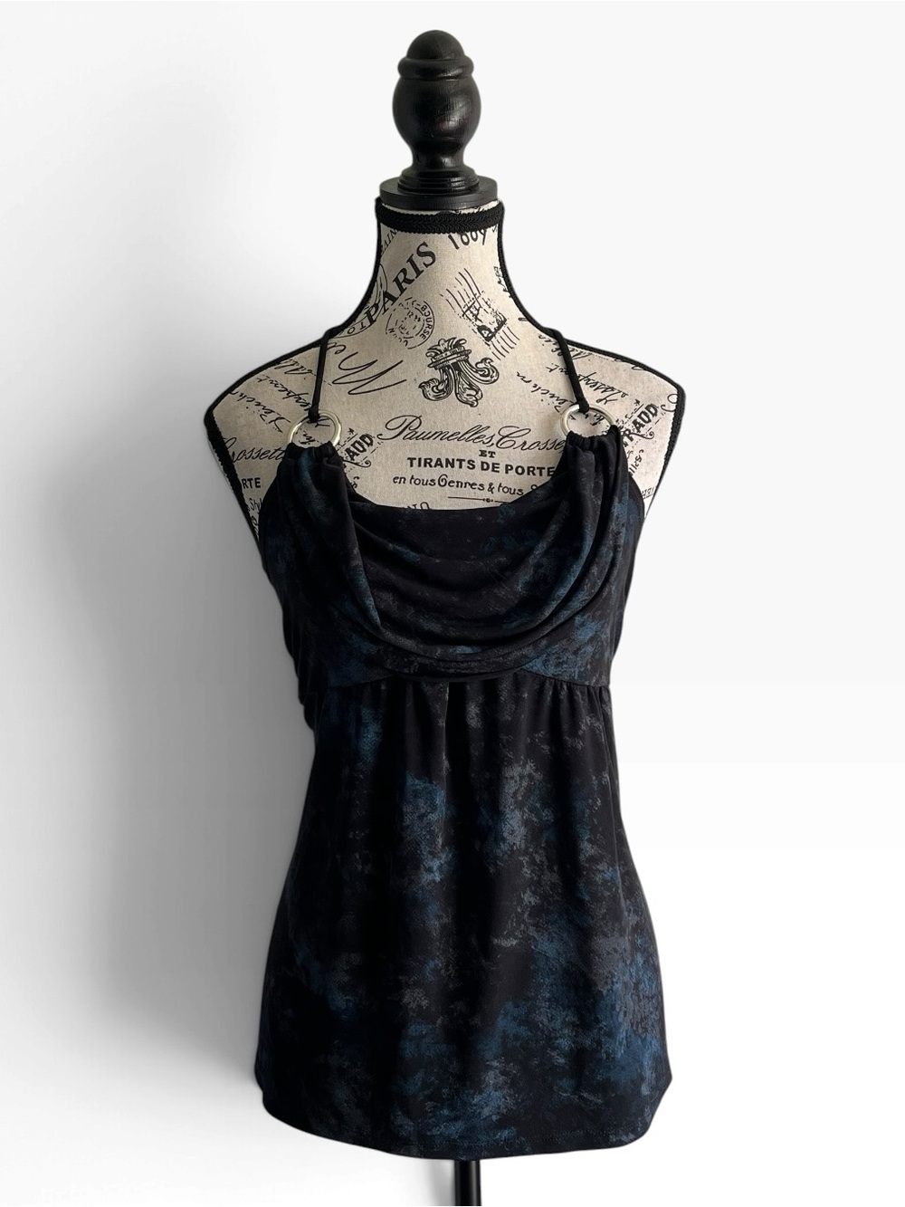 🇨🇦 Y2K Black Blue Metallic Cowl Neck Tank Top Silver Rings Y2K Goth Fairy Grunge